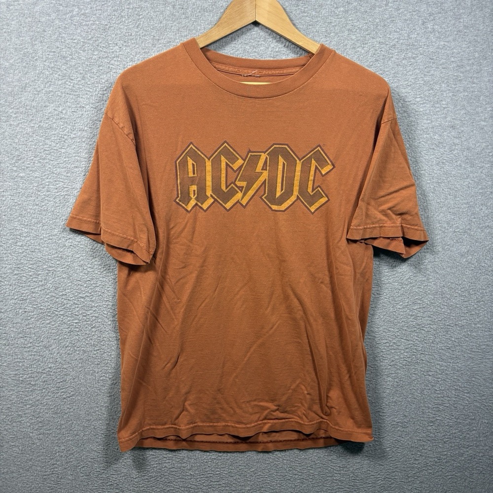 VTG ACDC Band Shirt Mens L Rust Brown Graphic Tee Rock Roll Faded Y2K Grunge